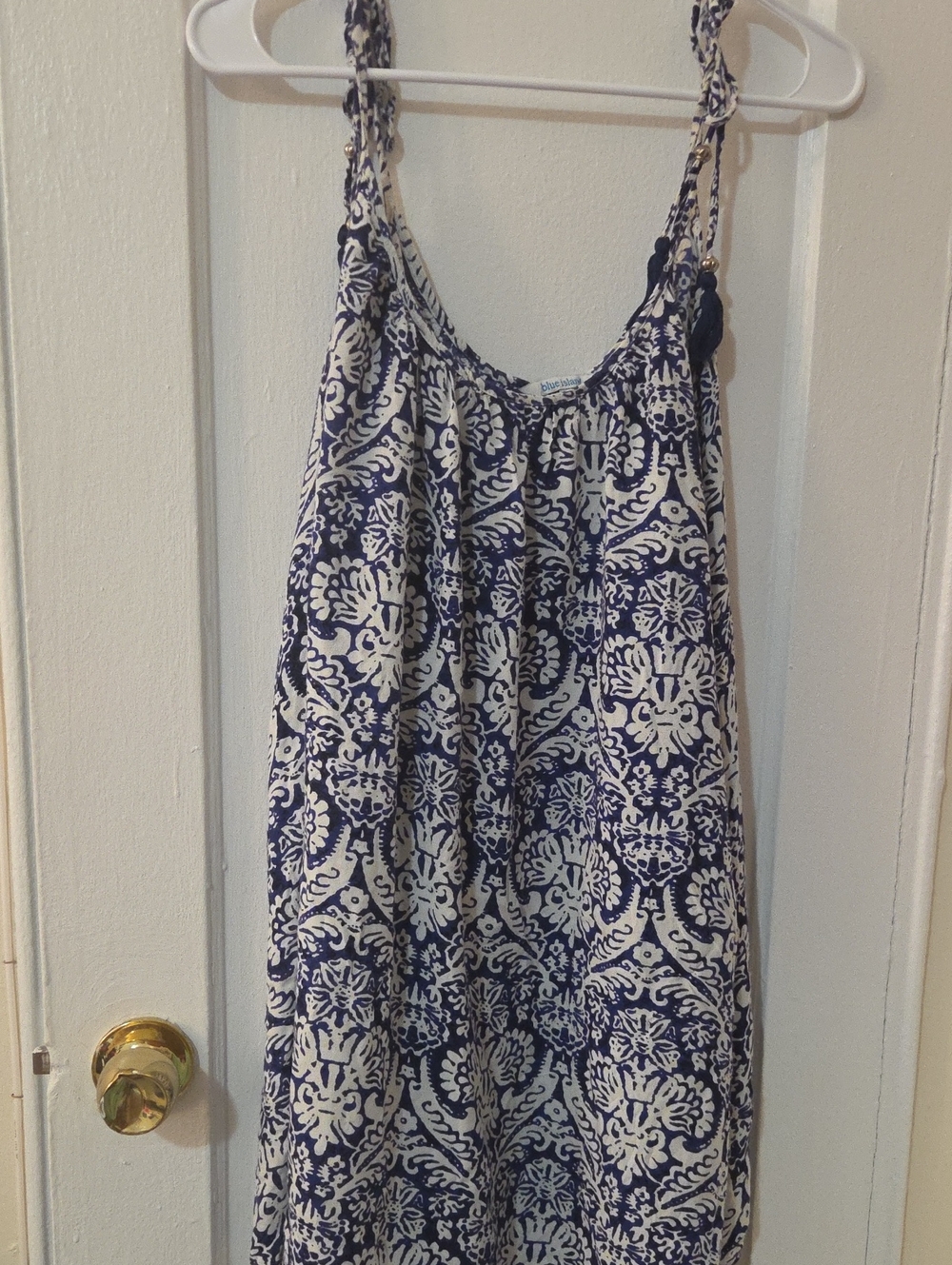 blue island Blue and White Floral Paisley Print Dress Beach Coverup Medium